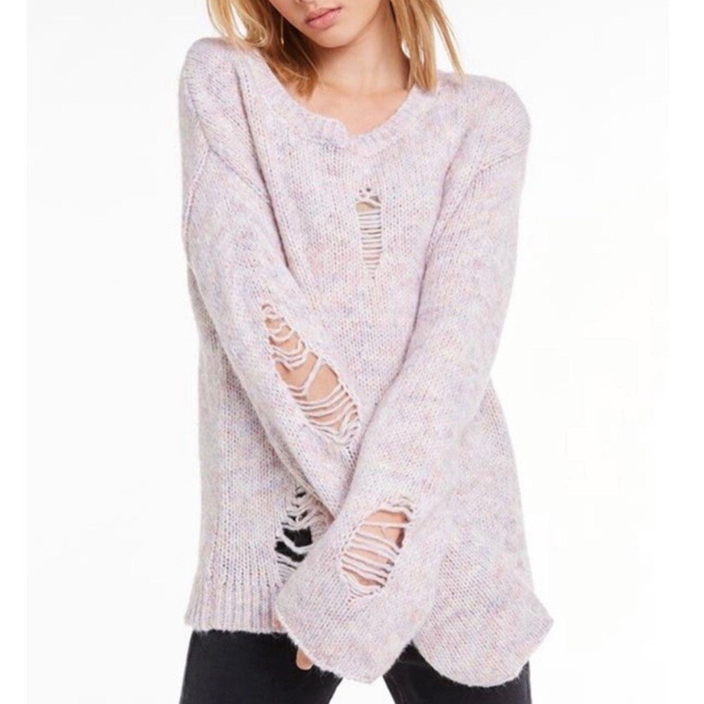 Wildfox S Skye Distressed Sweater Pullover Bell Sleeve Grunge Pink Hip-Hop Dance